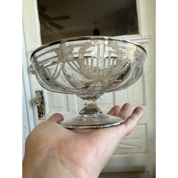 Antique 20's Art Deco Pedestal Candy Trinket Bowl Painted Sterling Overaly - Picture 16 of 16